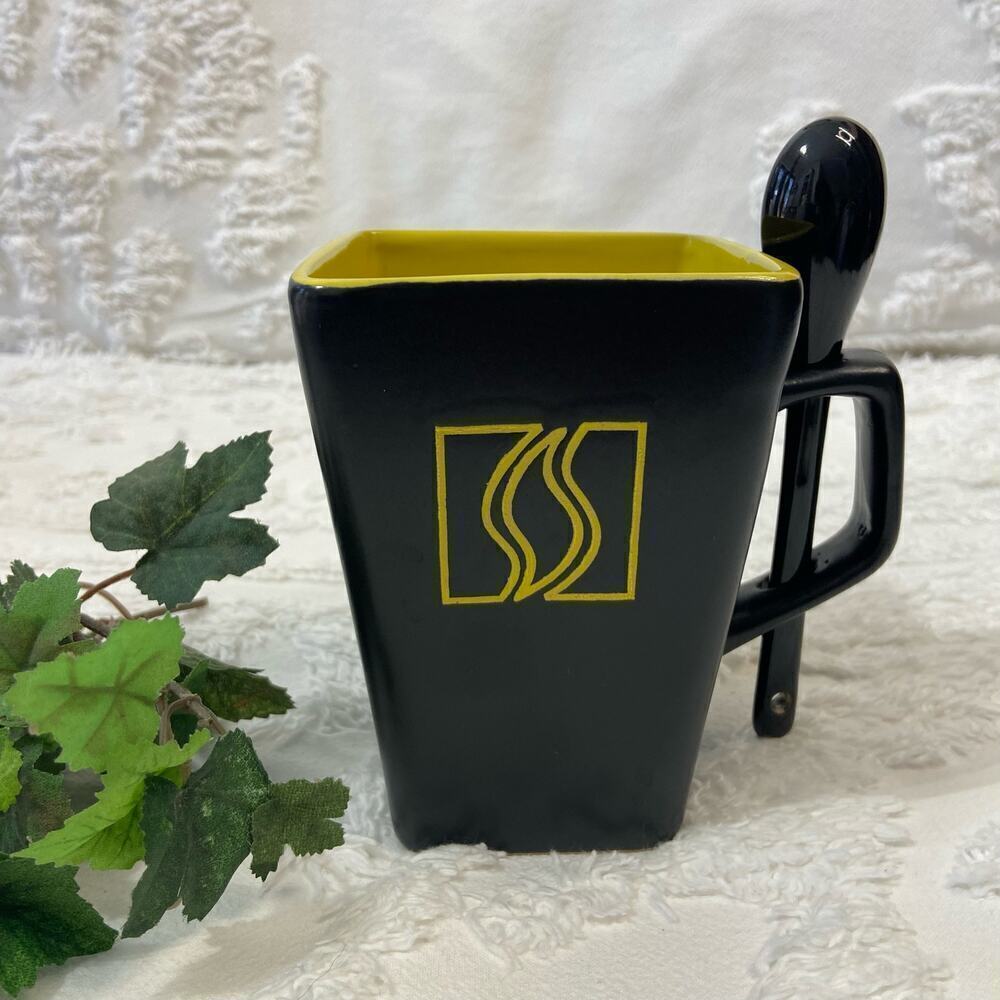 DISARONNO Square Collector's Spirit Mug w/Spoon Ceramic Blk/Yellow 8oz Rum Booze